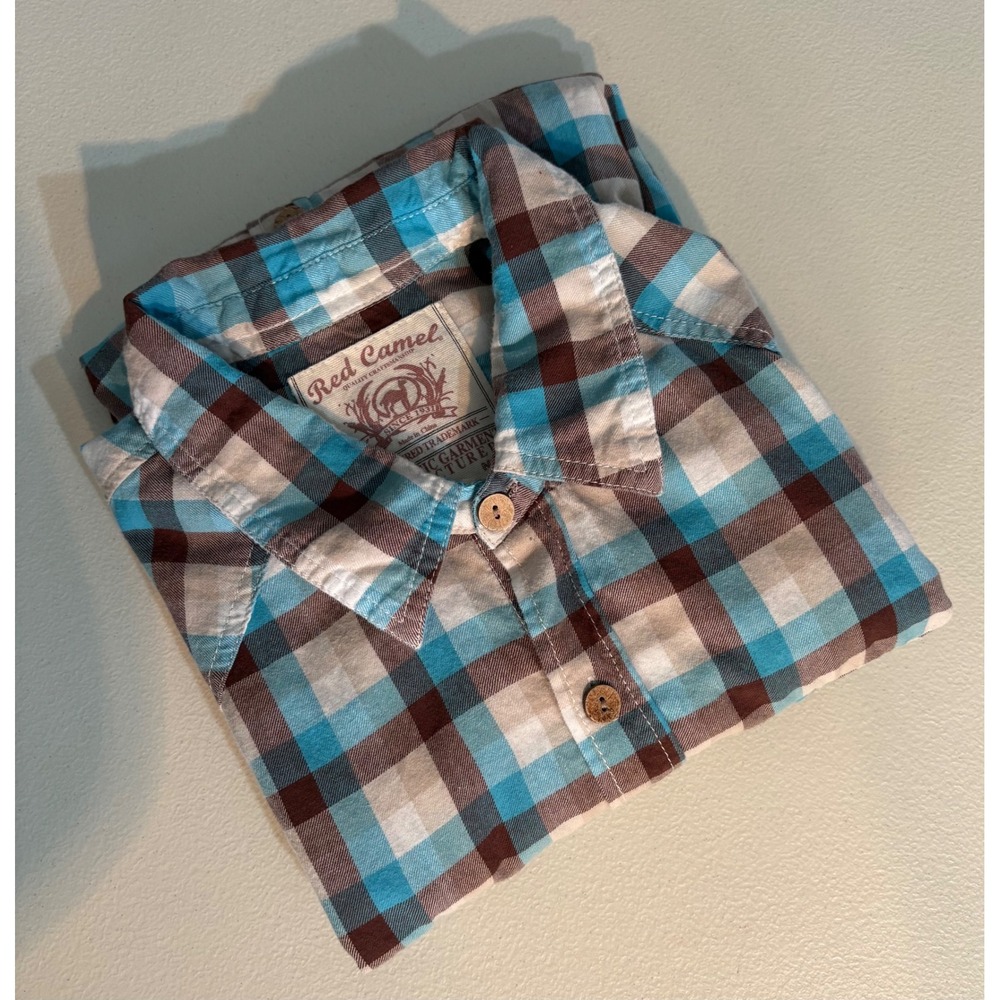 Red Camel Mens Plaid Flannel Western Long Sleeve Button Up Shirt XL Blue Brown
